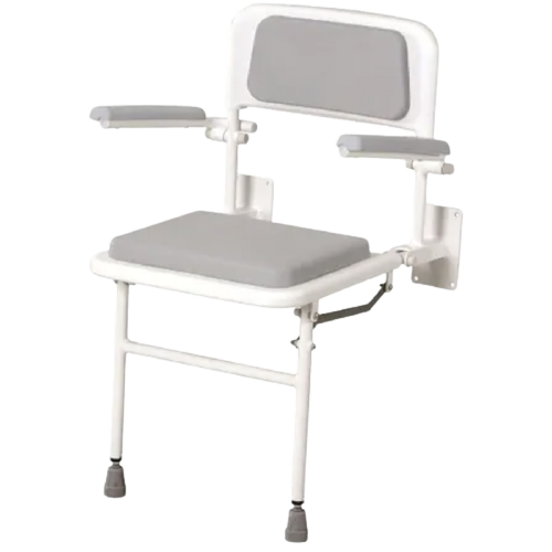 shows the padded wall mountd seat with back and arms - standard seat