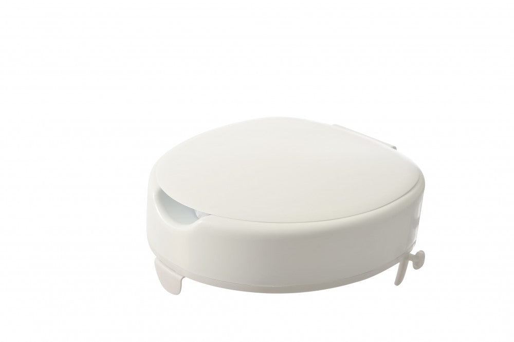 shows the serenity raised toilet, with a lid, closed