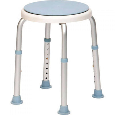 image shows white and blue shower stool with swivelling seat
