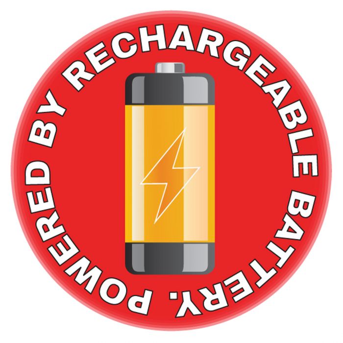 the image shows a logo saying 'powered by rechargeable battery'