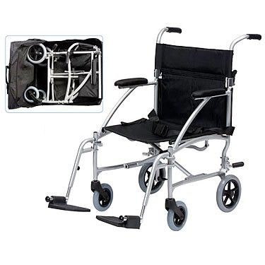 A picture of a travel chair folded up in the bag and of a travel chair ready to use