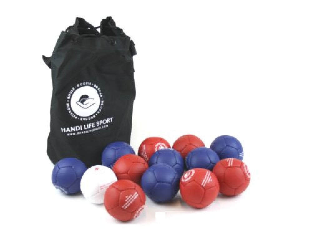 The Standard Indooe Boccia set, 13 boccia balls (inc white jack) and a black drawstring carry case.