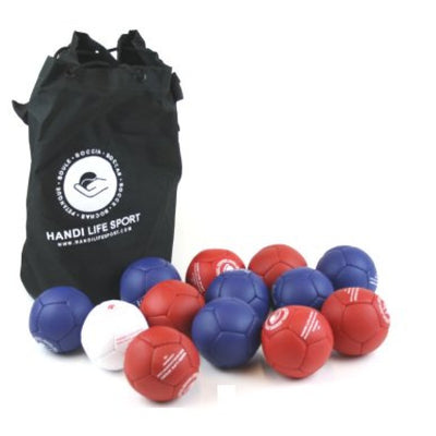 The Standard Indooe Boccia set, 13 boccia balls (inc white jack) and a black drawstring carry case.