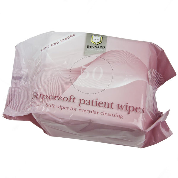 The image shows a pack of 50 Super Soft Patient Wipes