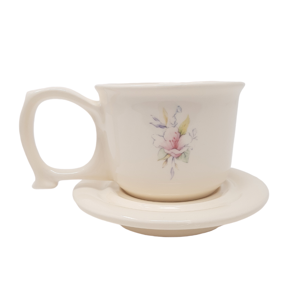 shows the secure grip large handled cup and saucer in taffeta floral