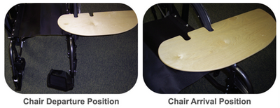 Two pics of the Birch Wheelchair transfer board, on a wheelchair