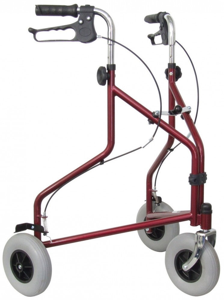 The image shows the Lightweight Steel Tri Walker Rollator in burgundy