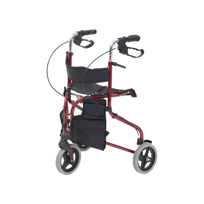 shows a side view of the red tri-walker walking aid with seat 