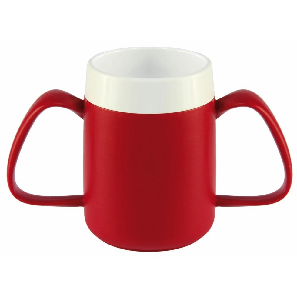 The red Ornamin Two Handled Thermal Mug with Internal Cone