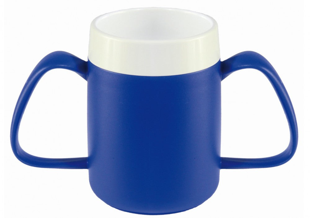 A close up of the blue Ornamin Two Handled Thermal Mug with Internal Cone