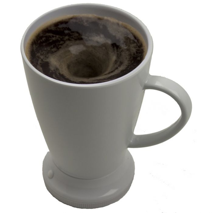 the image shows the lifemax typhoon self stirring mug containing black coffee