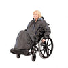 A woman in a wheelchair wearing an Unlined Wheelchair Mac with Sleeves