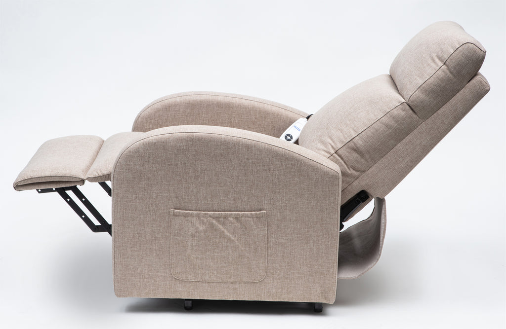 The Oat Canfield Rise and Recliner Chair in Oat, reclined