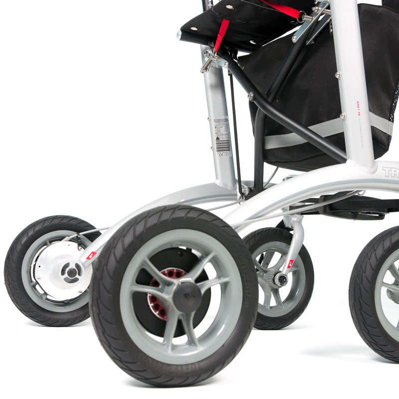 Close up of the wheels on a Trionic Walker Rollator 9