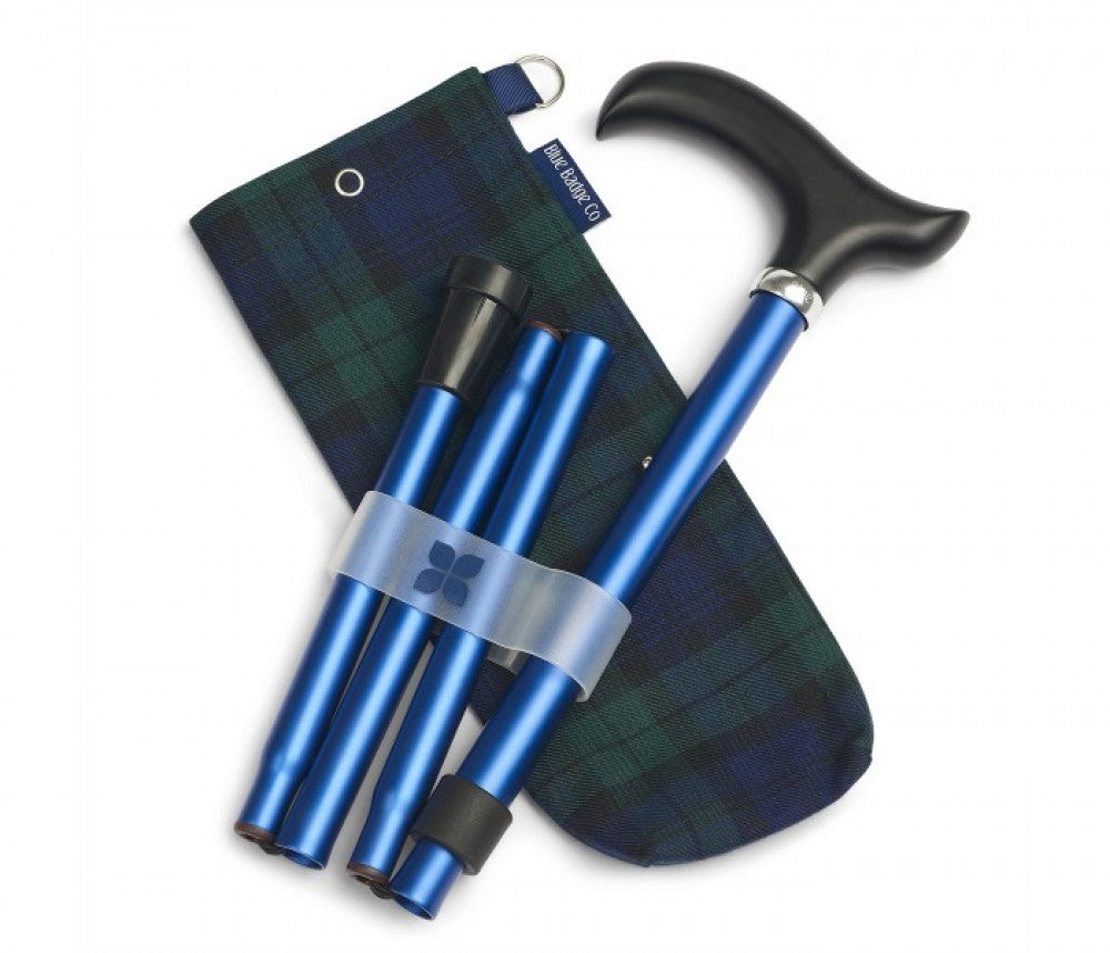 The image shows the navy walking stick with blackwatch tartan bag