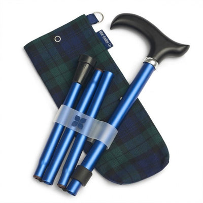 The image shows the navy walking stick with blackwatch tartan bag