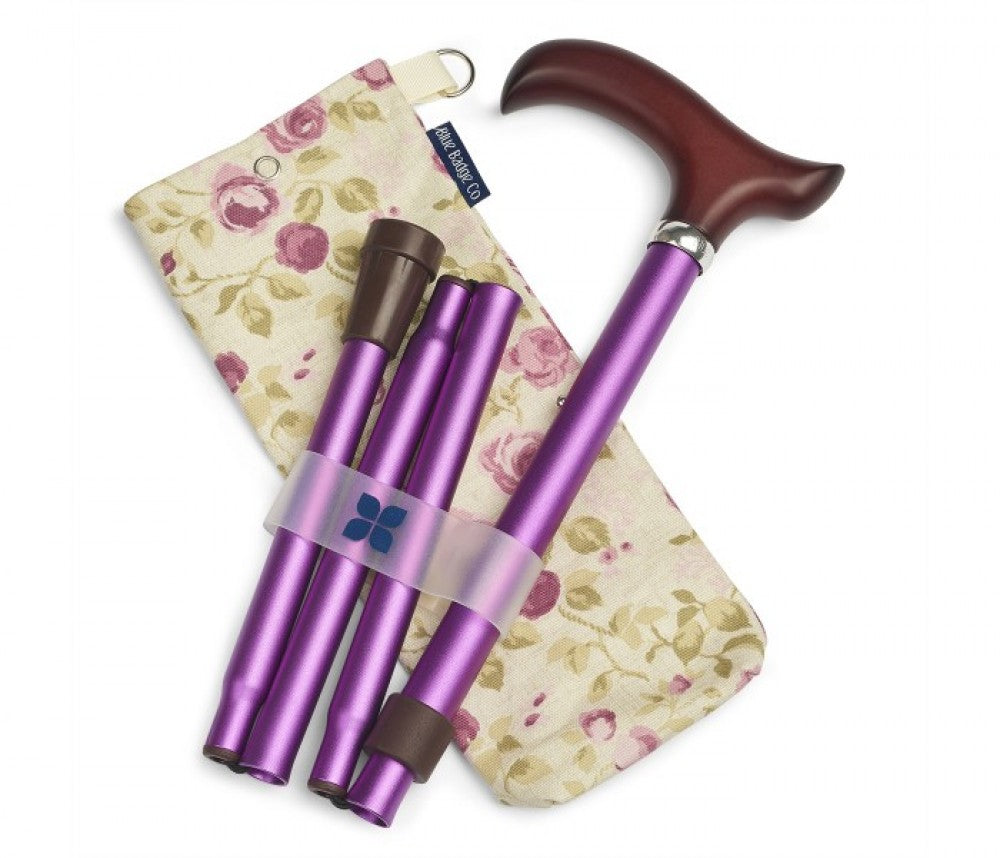 The image shows the purple walking stick with mulberry bag