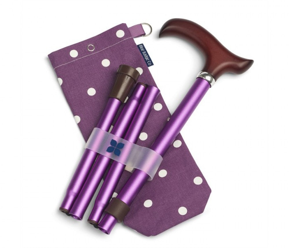 The image shows the purple walking stick with spotty bag