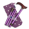 The image shows the purple walking stick with spotty bag
