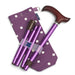 The image shows the purple walking stick with spotty bag