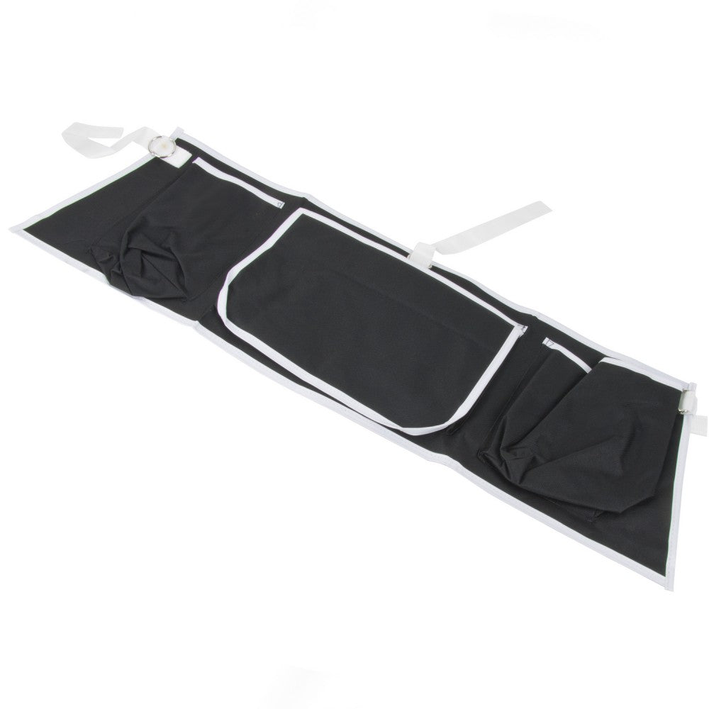 The image shows the Walking Zimmer Frame Apron Bag laid flat to show the three pocket sections and ties.