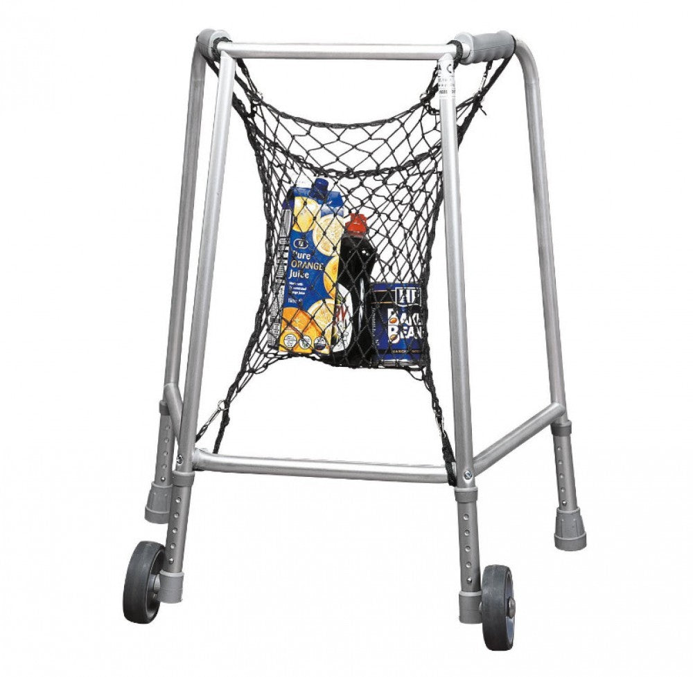 The image shows the Walking Zimmer Frame Net Bag attached to a wheeled walking frame, holding a selection of shopping items