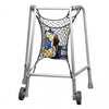 The image shows the Walking Zimmer Frame Net Bag attached to a wheeled walking frame, holding a selection of shopping items