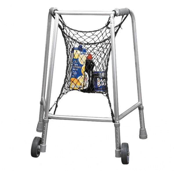 The image shows the Walking Zimmer Frame Net Bag attached to a wheeled walking frame, holding a selection of shopping items