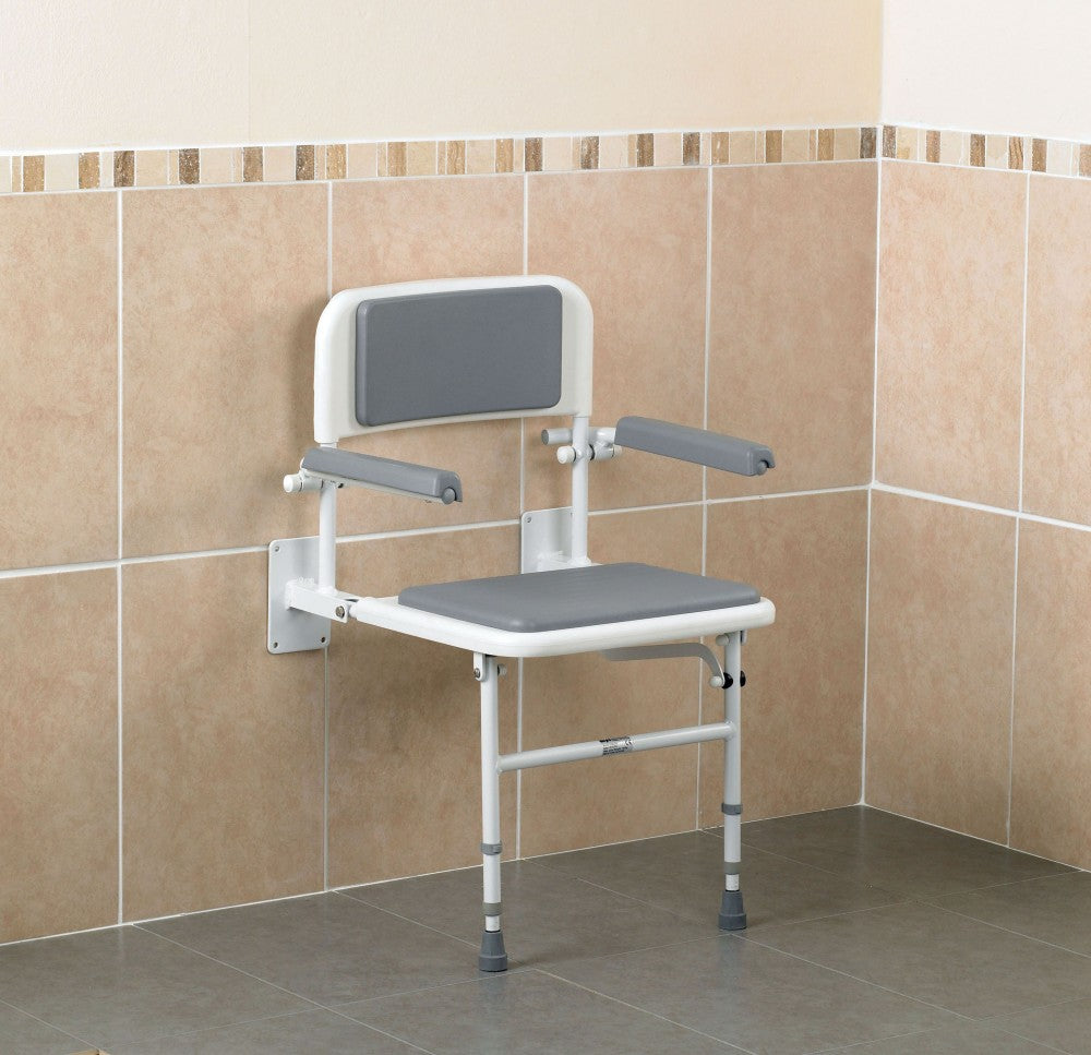 Wall-Mounted-Shower-Seat-with-Back-and-Arms White and grey