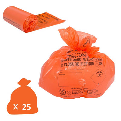 Orange clinical waste sacks - medium duty - roll of 25 sacks