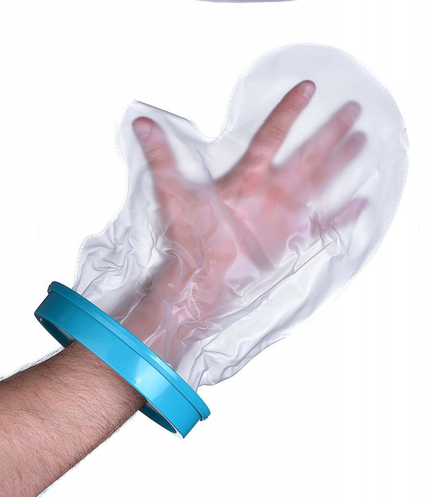 Image shows waterproof cast and bandage protector on a hand.