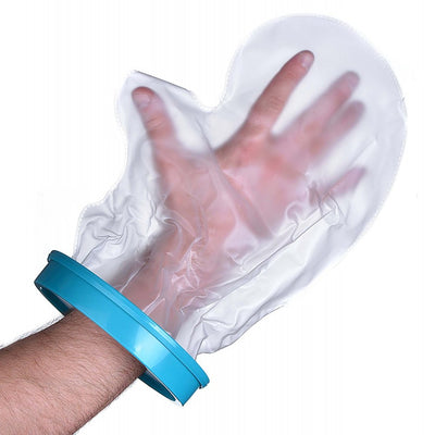 Image shows waterproof cast and bandage protector on a hand.
