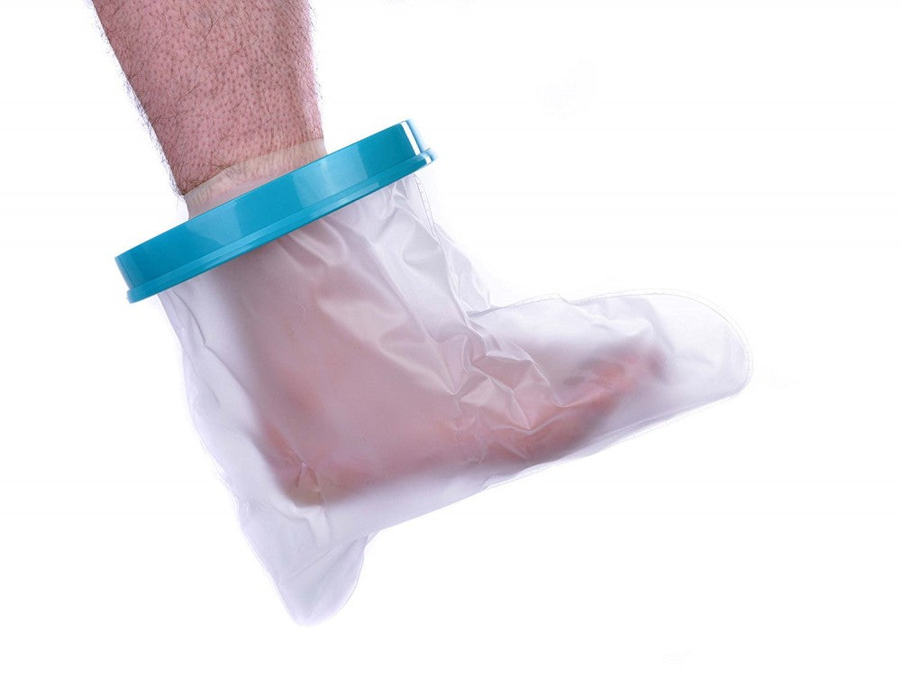 image shows waterproof cast protector on a foot