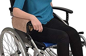 Someone in a wheelchair using a Simplantex Coral Fleece Padded Wheelchair Armrest Cover