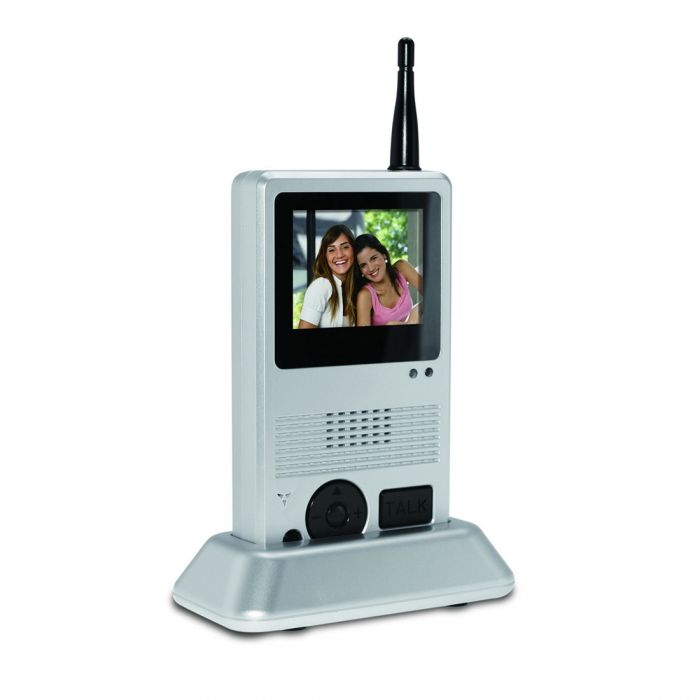 the image shows the lifemax wireless video door phone in its stand
